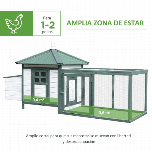 PawHut Galinheiro de Madeira para Exterior, Abrigo para Galinhas com Ninhos, Corral, Teto Asfáltico Impermeável, Bandeja Removível, Tampa Articulada, 196x76x97 cm, Verde