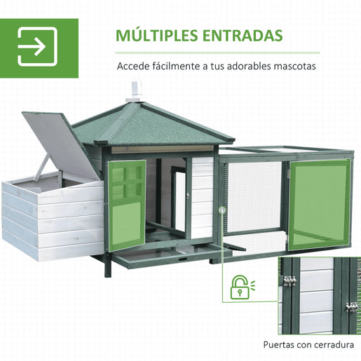 PawHut Galinheiro de Madeira para Exterior, Abrigo para Galinhas com Ninhos, Corral, Teto Asfáltico Impermeável, Bandeja Removível, Tampa Articulada, 196x76x97 cm, Verde