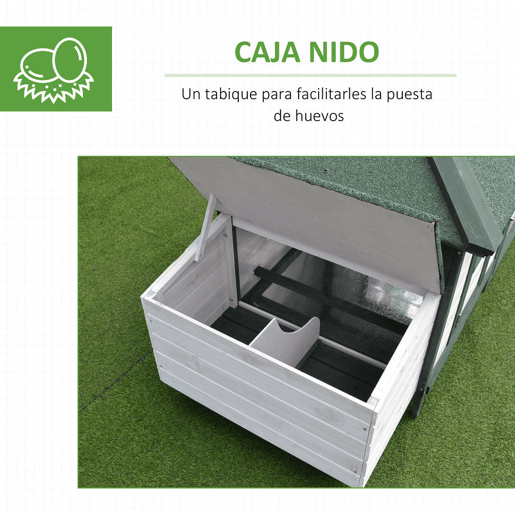 PawHut Galinheiro de Madeira para Exterior, Abrigo para Galinhas com Ninhos, Corral, Teto Asfáltico Impermeável, Bandeja Removível, Tampa Articulada, 196x76x97 cm, Verde