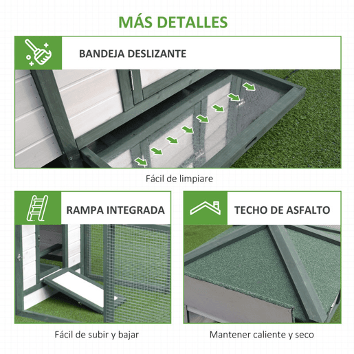 PawHut Galinheiro de Madeira para Exterior, Abrigo para Galinhas com Ninhos, Corral, Teto Asfáltico Impermeável, Bandeja Removível, Tampa Articulada, 196x76x97 cm, Verde