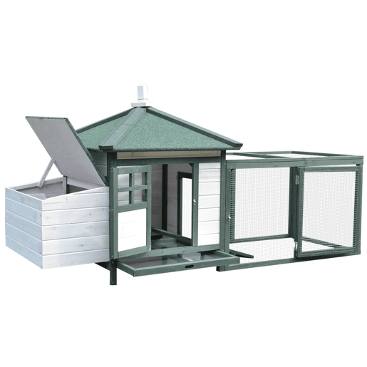PawHut Galinheiro de Madeira para Exterior, Abrigo para Galinhas com Ninhos, Corral, Teto Asfáltico Impermeável, Bandeja Removível, Tampa Articulada, 196x76x97 cm, Verde
