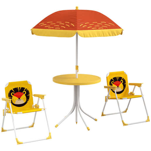 Outsunny Conjunto Infantil de Mesa e Cadeiras de Exterior Conjunto de 2 Cadeiras Dobráveis e Mesa para Crianças Mesa com Chapéu de Sol Ajustável em Altura Tema de Leão para Jardim Pátio Amarelo e Castanho