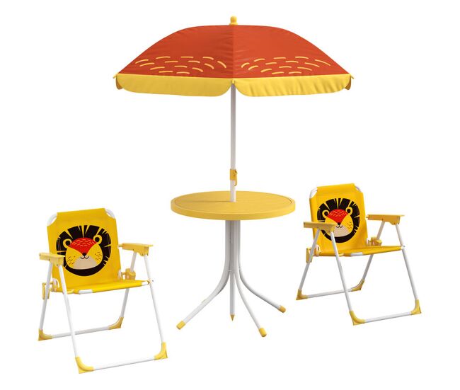 Outsunny conjunto de mesa y sillas para exterior infantil set de 2 sillas plegables y mesa para niños mesa con sombrilla ajustable en altura temática