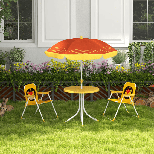 Outsunny Conjunto Infantil de Mesa e Cadeiras de Exterior Conjunto de 2 Cadeiras Dobráveis e Mesa para Crianças Mesa com Chapéu de Sol Ajustável em Altura Tema de Leão para Jardim Pátio Amarelo e Castanho