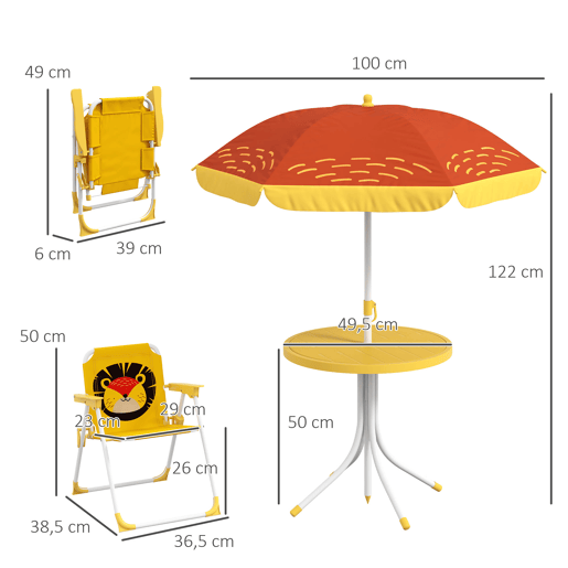 Outsunny Conjunto Infantil de Mesa e Cadeiras de Exterior Conjunto de 2 Cadeiras Dobráveis e Mesa para Crianças Mesa com Chapéu de Sol Ajustável em Altura Tema de Leão para Jardim Pátio Amarelo e Castanho