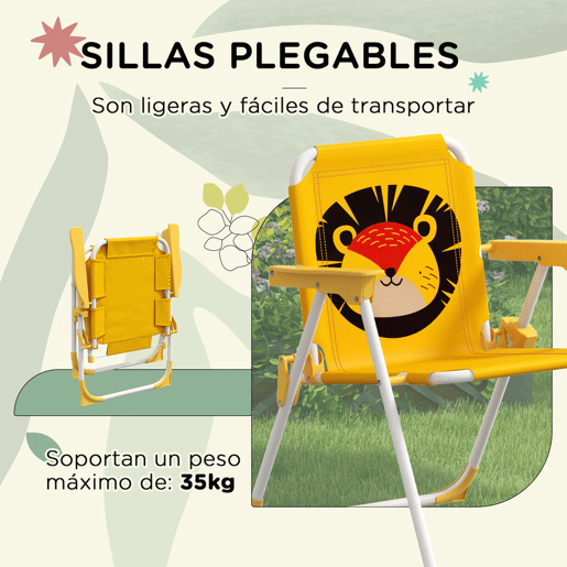 Outsunny Conjunto Infantil de Mesa e Cadeiras de Exterior Conjunto de 2 Cadeiras Dobráveis e Mesa para Crianças Mesa com Chapéu de Sol Ajustável em Altura Tema de Leão para Jardim Pátio Amarelo e Castanho