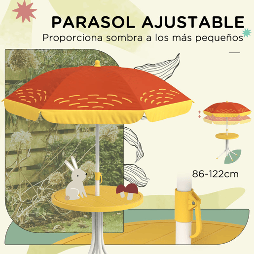 Outsunny Conjunto Infantil de Mesa e Cadeiras de Exterior Conjunto de 2 Cadeiras Dobráveis e Mesa para Crianças Mesa com Chapéu de Sol Ajustável em Altura Tema de Leão para Jardim Pátio Amarelo e Castanho