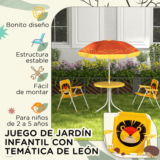 Outsunny Conjunto Infantil de Mesa e Cadeiras de Exterior Conjunto de 2 Cadeiras Dobráveis e Mesa para Crianças Mesa com Chapéu de Sol Ajustável em Altura Tema de Leão para Jardim Pátio Amarelo e Castanho