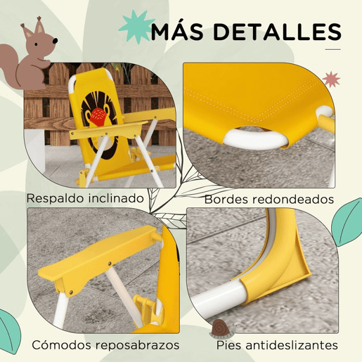Outsunny Conjunto Infantil de Mesa e Cadeiras de Exterior Conjunto de 2 Cadeiras Dobráveis e Mesa para Crianças Mesa com Chapéu de Sol Ajustável em Altura Tema de Leão para Jardim Pátio Amarelo e Castanho