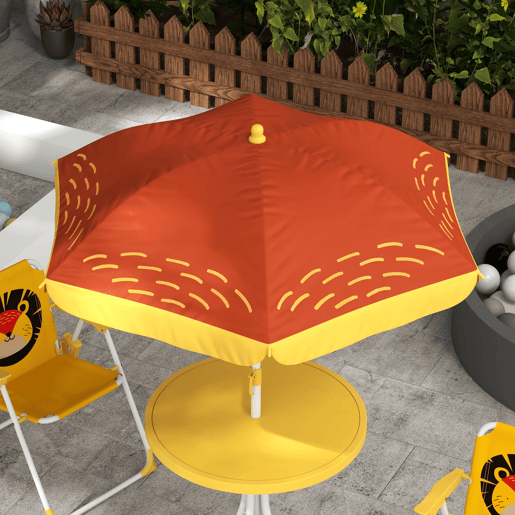 Outsunny Conjunto Infantil de Mesa e Cadeiras de Exterior Conjunto de 2 Cadeiras Dobráveis e Mesa para Crianças Mesa com Chapéu de Sol Ajustável em Altura Tema de Leão para Jardim Pátio Amarelo e Castanho