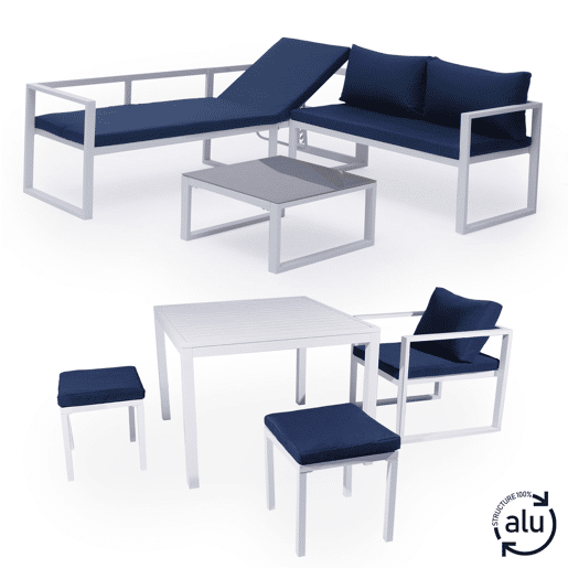 IBIZA mobiliário modular de jardim em tecido azul para 7 pessoas - alumínio branco