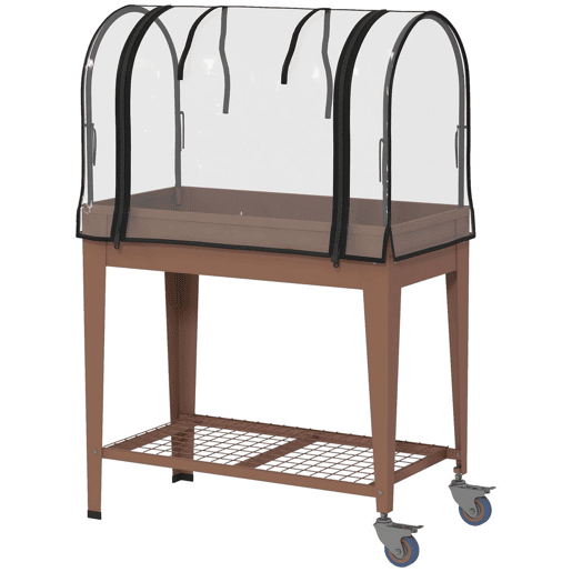 Outsunny Horta Urbana Elevada com Rodas, Mesa de Cultivo com Cobertura de Estufa e Prateleira Inferior para Cultivo, Plantas, Flores e Vegetais, 80x40x120 cm, Castanho