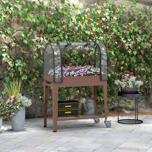 Outsunny Horta Urbana Elevada com Rodas, Mesa de Cultivo com Cobertura de Estufa e Prateleira Inferior para Cultivo, Plantas, Flores e Vegetais, 80x40x120 cm, Castanho
