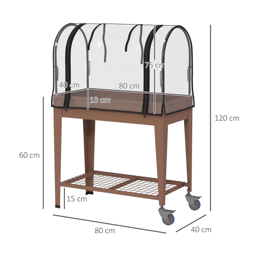 Outsunny Horta Urbana Elevada com Rodas, Mesa de Cultivo com Cobertura de Estufa e Prateleira Inferior para Cultivo, Plantas, Flores e Vegetais, 80x40x120 cm, Castanho