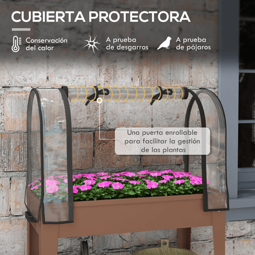 Outsunny Horta Urbana Elevada com Rodas, Mesa de Cultivo com Cobertura de Estufa e Prateleira Inferior para Cultivo, Plantas, Flores e Vegetais, 80x40x120 cm, Castanho