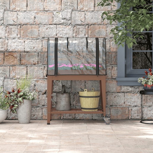 Outsunny Horta Urbana Elevada com Rodas, Mesa de Cultivo com Cobertura de Estufa e Prateleira Inferior para Cultivo, Plantas, Flores e Vegetais, 80x40x120 cm, Castanho