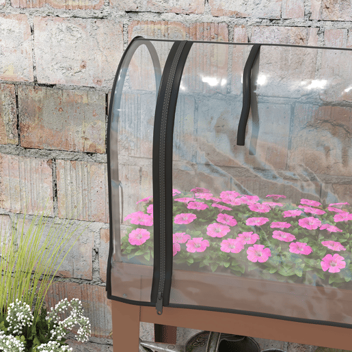 Outsunny Horta Urbana Elevada com Rodas, Mesa de Cultivo com Cobertura de Estufa e Prateleira Inferior para Cultivo, Plantas, Flores e Vegetais, 80x40x120 cm, Castanho