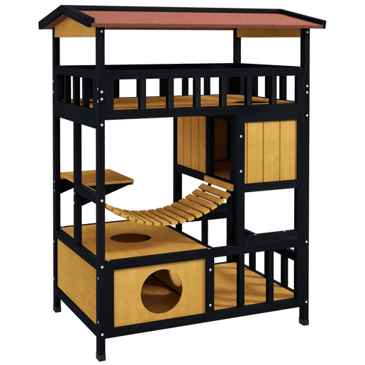 PawHut Casa para Gatos de Madeira 84x60x116 cm Abrigo para Gatos de 4 Níveis para Exterior com Ponte Suspensa Varanda e Telhado Asfáltico Natural