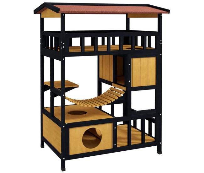 Pawhut casa para gatos de madera 84x60x116 cm caseta para gatos de 4 niveles con puente colgante balcón y techo asfáltico para exterior e interior