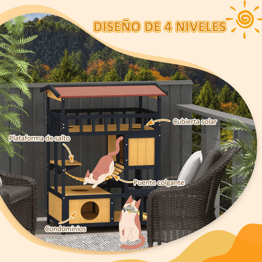 PawHut Casa para Gatos de Madeira 84x60x116 cm Abrigo para Gatos de 4 Níveis para Exterior com Ponte Suspensa Varanda e Telhado Asfáltico Natural