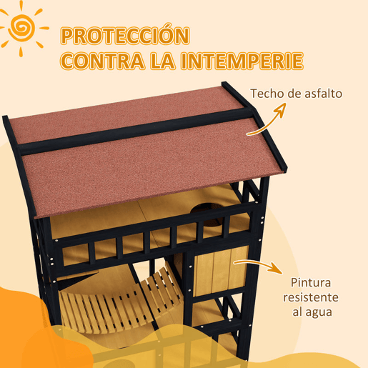PawHut Casa para Gatos de Madeira 84x60x116 cm Abrigo para Gatos de 4 Níveis para Exterior com Ponte Suspensa Varanda e Telhado Asfáltico Natural