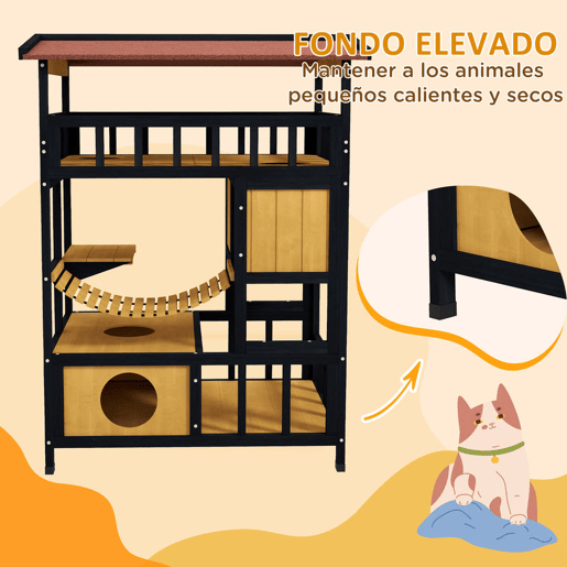 PawHut Casa para Gatos de Madeira 84x60x116 cm Abrigo para Gatos de 4 Níveis para Exterior com Ponte Suspensa Varanda e Telhado Asfáltico Natural