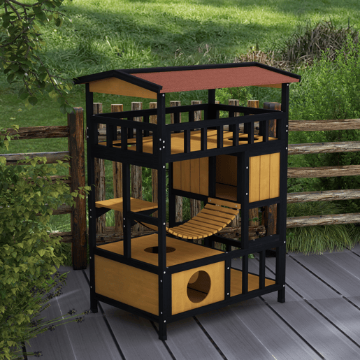 PawHut Casa para Gatos de Madeira 84x60x116 cm Abrigo para Gatos de 4 Níveis para Exterior com Ponte Suspensa Varanda e Telhado Asfáltico Natural