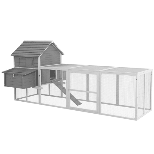 PawHut Galinheiro Grande de Madeira, 310,5x149,5x149 cm, Galinheiro de Exterior para 4-6 Galinhas, com 2 Janelas, Portas, 2 Ninhos, Tabuleiro Removível e Rampa, Fácil de Limpar, para Exterior, Cinzento