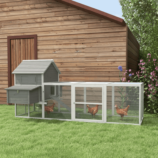 PawHut Galinheiro Grande de Madeira, 310,5x149,5x149 cm, Galinheiro de Exterior para 4-6 Galinhas, com 2 Janelas, Portas, 2 Ninhos, Tabuleiro Removível e Rampa, Fácil de Limpar, para Exterior, Cinzento
