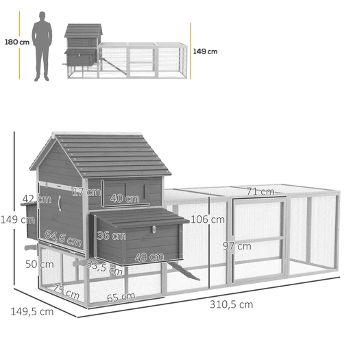 PawHut Galinheiro Grande de Madeira, 310,5x149,5x149 cm, Galinheiro de Exterior para 4-6 Galinhas, com 2 Janelas, Portas, 2 Ninhos, Tabuleiro Removível e Rampa, Fácil de Limpar, para Exterior, Cinzento
