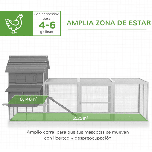 PawHut Galinheiro Grande de Madeira, 310,5x149,5x149 cm, Galinheiro de Exterior para 4-6 Galinhas, com 2 Janelas, Portas, 2 Ninhos, Tabuleiro Removível e Rampa, Fácil de Limpar, para Exterior, Cinzento