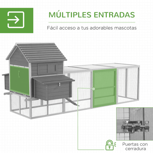 PawHut Galinheiro Grande de Madeira, 310,5x149,5x149 cm, Galinheiro de Exterior para 4-6 Galinhas, com 2 Janelas, Portas, 2 Ninhos, Tabuleiro Removível e Rampa, Fácil de Limpar, para Exterior, Cinzento