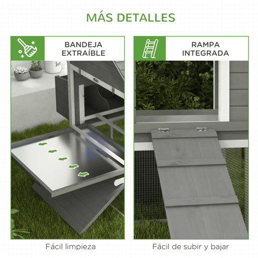 PawHut Galinheiro Grande de Madeira, 310,5x149,5x149 cm, Galinheiro de Exterior para 4-6 Galinhas, com 2 Janelas, Portas, 2 Ninhos, Tabuleiro Removível e Rampa, Fácil de Limpar, para Exterior, Cinzento