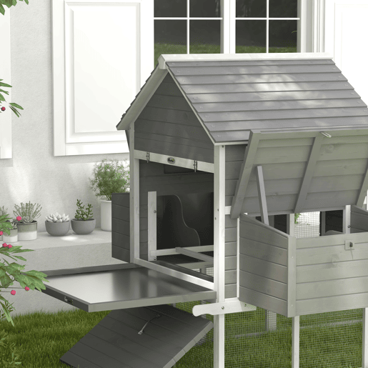 PawHut Galinheiro Grande de Madeira, 310,5x149,5x149 cm, Galinheiro de Exterior para 4-6 Galinhas, com 2 Janelas, Portas, 2 Ninhos, Tabuleiro Removível e Rampa, Fácil de Limpar, para Exterior, Cinzento