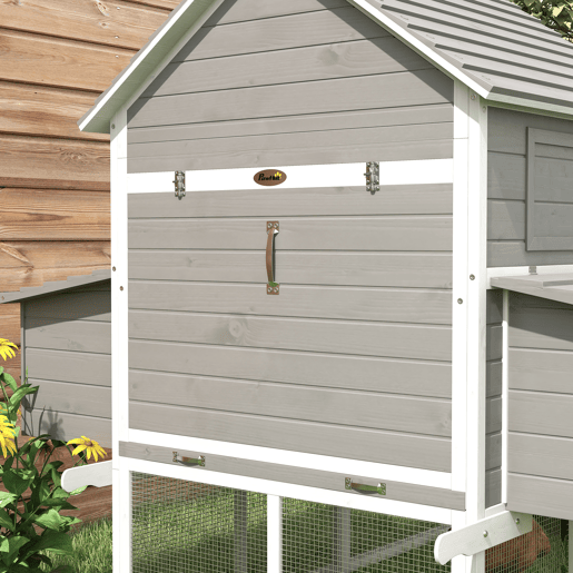 PawHut Galinheiro Grande de Madeira, 310,5x149,5x149 cm, Galinheiro de Exterior para 4-6 Galinhas, com 2 Janelas, Portas, 2 Ninhos, Tabuleiro Removível e Rampa, Fácil de Limpar, para Exterior, Cinzento