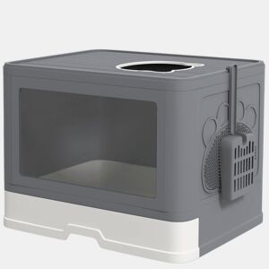 PawHut Caixa de Areia para Gatos com Saída Superior Caixa de Areia para Gatos Amovível com Caixa de Armazenamento Pá Escova 2 Portas Entrada Principal e Saída Superior 48,5x38x36,5 cm Cinza