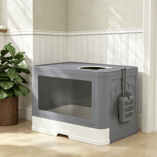 PawHut Caixa de Areia para Gatos com Saída Superior Caixa de Areia para Gatos Amovível com Caixa de Armazenamento Pá Escova 2 Portas Entrada Principal e Saída Superior 48,5x38x36,5 cm Cinza