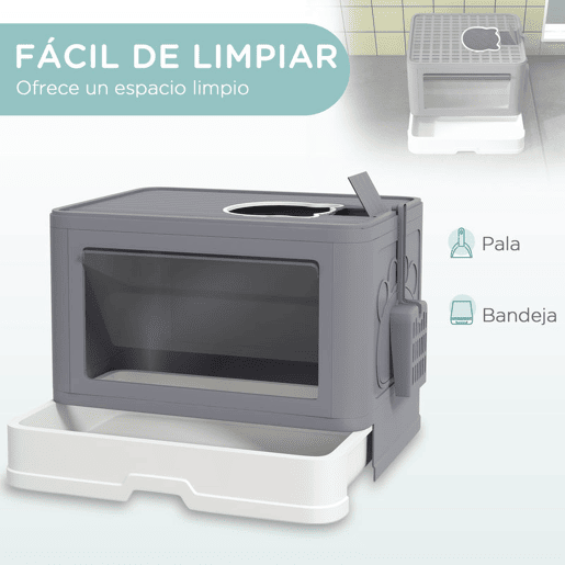 PawHut Caixa de Areia para Gatos com Saída Superior Caixa de Areia para Gatos Amovível com Caixa de Armazenamento Pá Escova 2 Portas Entrada Principal e Saída Superior 48,5x38x36,5 cm Cinza