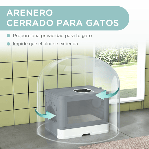 PawHut Caixa de Areia para Gatos com Saída Superior Caixa de Areia para Gatos Amovível com Caixa de Armazenamento Pá Escova 2 Portas Entrada Principal e Saída Superior 48,5x38x36,5 cm Cinza