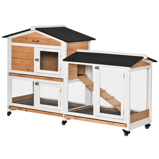 PawHut Casota de Madeira para Coelhos com Rodas 157,4x53x99,5 cm Jaula Grande com Telhado Asfáltico, Tabuleiros Removíveis e Rampa para Exterior e Interior Natural
