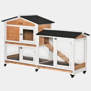 PawHut Casota de Madeira para Coelhos com Rodas 157,4x53x99,5 cm Jaula Grande com Telhado Asfáltico, Tabuleiros Removíveis e Rampa para Exterior e Interior Natural