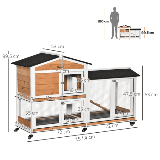 PawHut Casota de Madeira para Coelhos com Rodas 157,4x53x99,5 cm Jaula Grande com Telhado Asfáltico, Tabuleiros Removíveis e Rampa para Exterior e Interior Natural