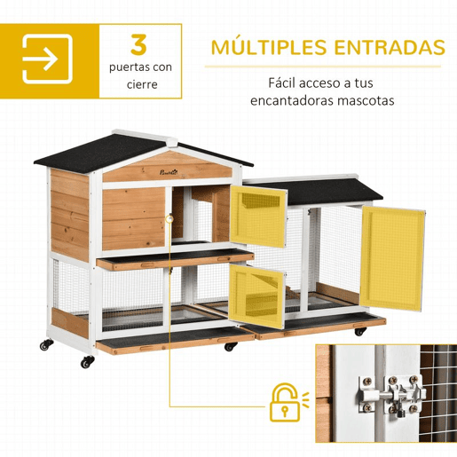 PawHut Casota de Madeira para Coelhos com Rodas 157,4x53x99,5 cm Jaula Grande com Telhado Asfáltico, Tabuleiros Removíveis e Rampa para Exterior e Interior Natural