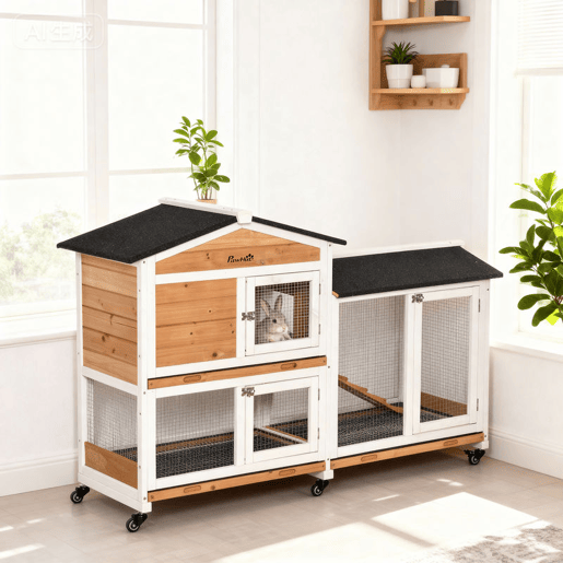 PawHut Casota de Madeira para Coelhos com Rodas 157,4x53x99,5 cm Jaula Grande com Telhado Asfáltico, Tabuleiros Removíveis e Rampa para Exterior e Interior Natural