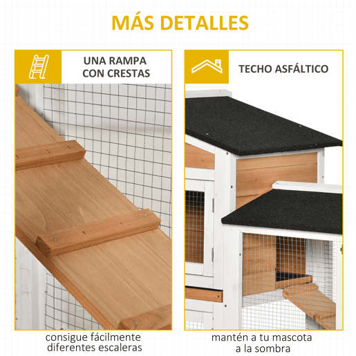 PawHut Casota de Madeira para Coelhos com Rodas 157,4x53x99,5 cm Jaula Grande com Telhado Asfáltico, Tabuleiros Removíveis e Rampa para Exterior e Interior Natural