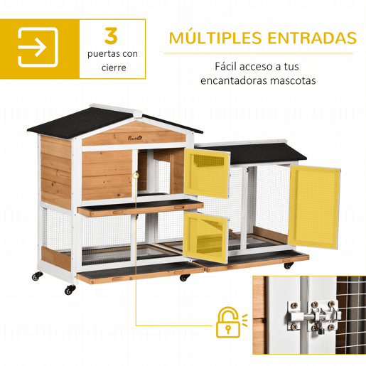 PawHut Casota de Madeira para Coelhos com Rodas 157,4x53x99,5 cm Jaula Grande com Telhado Asfáltico, Tabuleiros Removíveis e Rampa para Exterior e Interior Natural