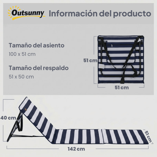 Outsunny Conjunto de 2 Tapetes de Praia Dobráveis em Tecido Oxford PVC 600D com Encosto Reclinável e Alça de Transporte para Jardim 142x51x40 cm Branco e Azul