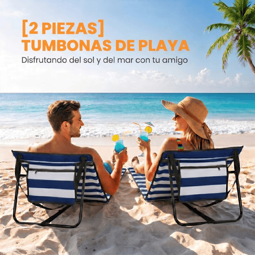 Outsunny Conjunto de 2 Tapetes de Praia Dobráveis em Tecido Oxford PVC 600D com Encosto Reclinável e Alça de Transporte para Jardim 142x51x40 cm Branco e Azul