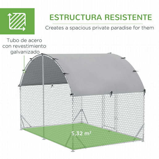 PawHut Galinheiro para Exterior Grande 2,8x1,90x1,97 m Galinheiro para 4-6 Galinhas de Aço Galvanizado com Teto de Tecido Oxford para Coelhos Aves Prata