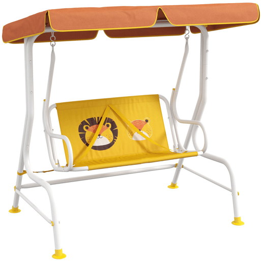 Outsunny Balanço de Jardim Exterior Balanço de Jardim Infantil de 2 Lugares com Padrão de Leão Toldo Ajustável em Ângulo Carga 60 kg 110x70x110 cm Amarelo